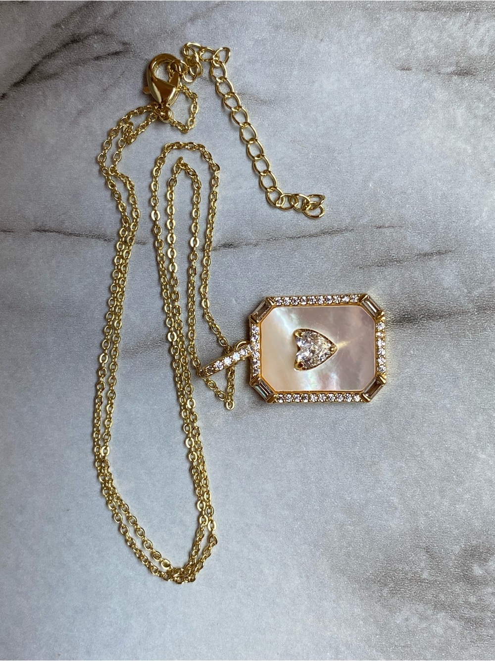 Adina Eden Gold Plated Mother-of-Pearl Dog Tag Necklace with CZ Heart